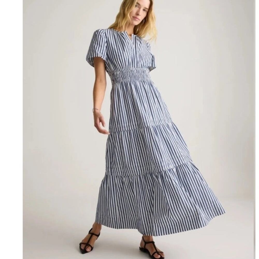 Quince Womens XL 100% Organic Cotton Poplin Tiered Maxi Dress Hudson Stripe - Picture 1 of 11
